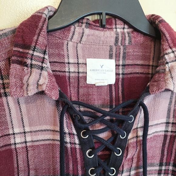 American Eagle Outfitters Burgundy Plaid Lace-Up Shirt Flannel XL Distressed - Picture 5 of 9